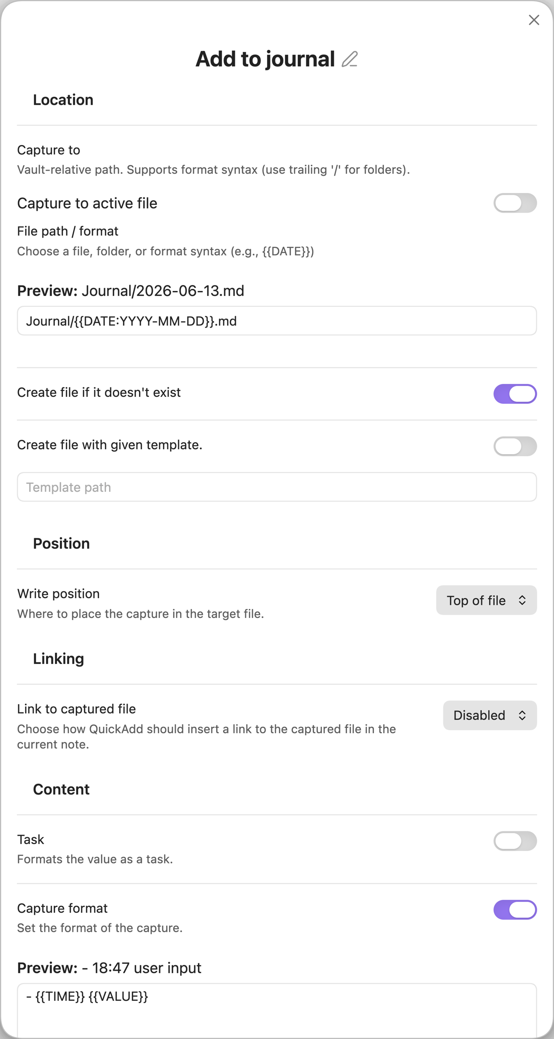 A Capture choice configured to add a timestamped journal entry